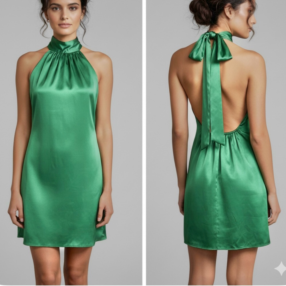 Flounce Dress Satin Mini Backless High Tie Neck Emerald Green 6 Halter Cocktail